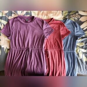 T-Shirt Dresses: Set of 3 Short Sleeve Drawstring Waist Knit Dresses
